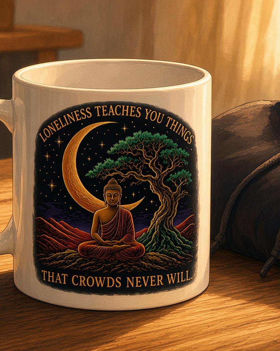 Loneliness Teaches You mug on a wooden table beside a folded dark hoodie