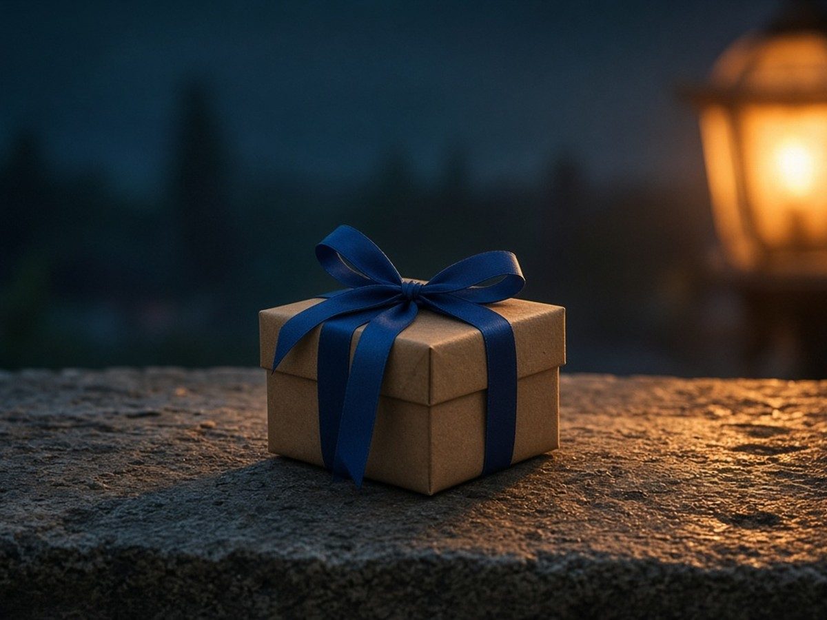 A small wrapped gift left on a doorstep with no tag, a terraced street softly out of focus behind it.