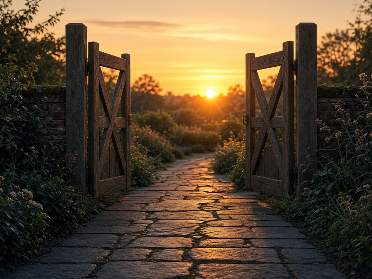 An open garden gate between two small front gardens at sunrise, warm gold light, teal shadows