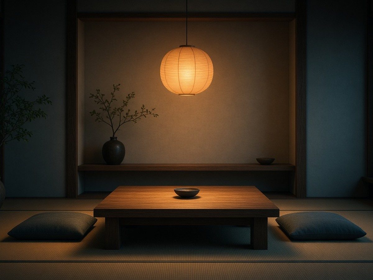 Illustration of a cosy Zen café corner with cushions, warm light and an empty chair waiting