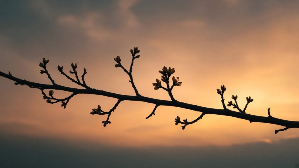 A bare winter branch with the first buds opening against a warm sunrise sky.