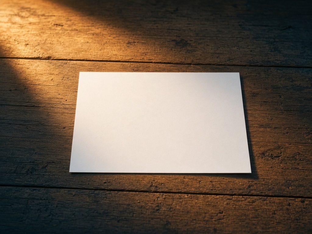 A single sheet of paper on a wooden table in soft morning light, warm gold glow and cool teal shadow