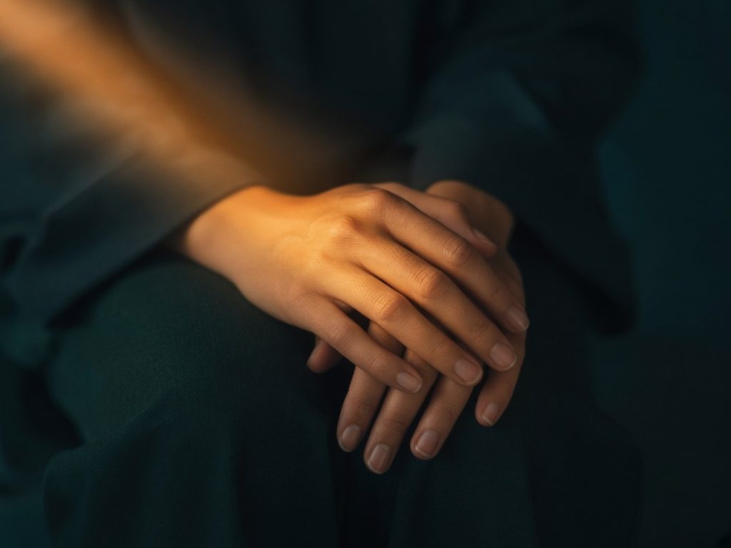 Hands resting together in a lap in a quiet room, a soft beam of warm light across them, teal shade behind