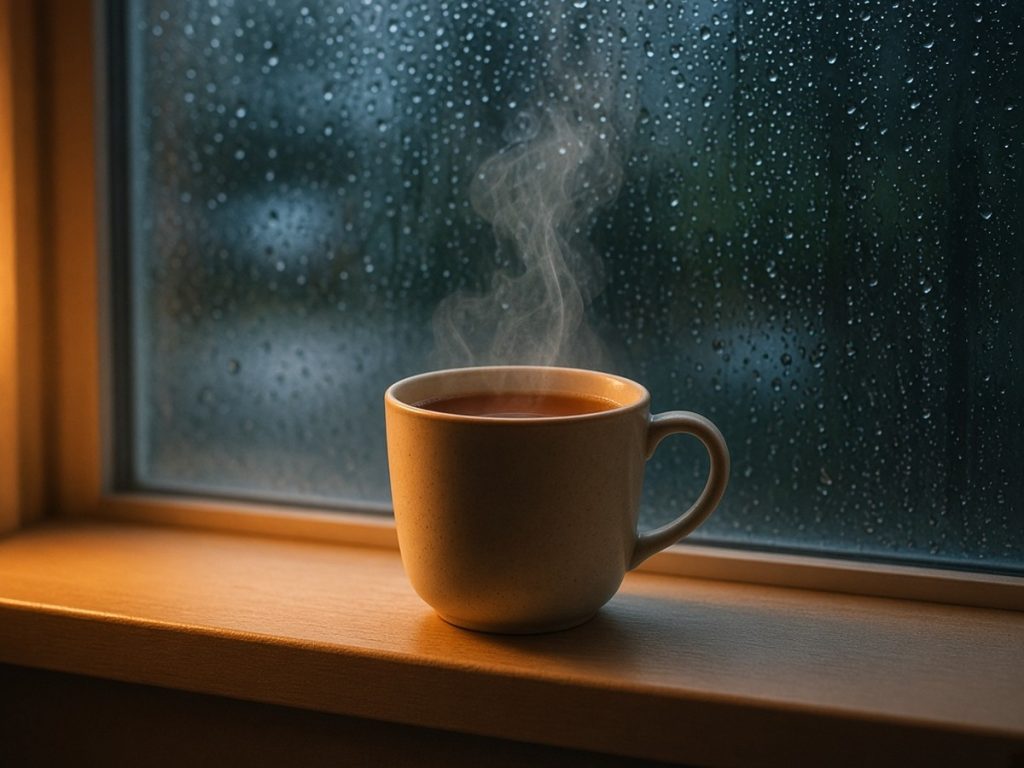A cup of tea steaming beside an open window, rain on the glass and warm light inside