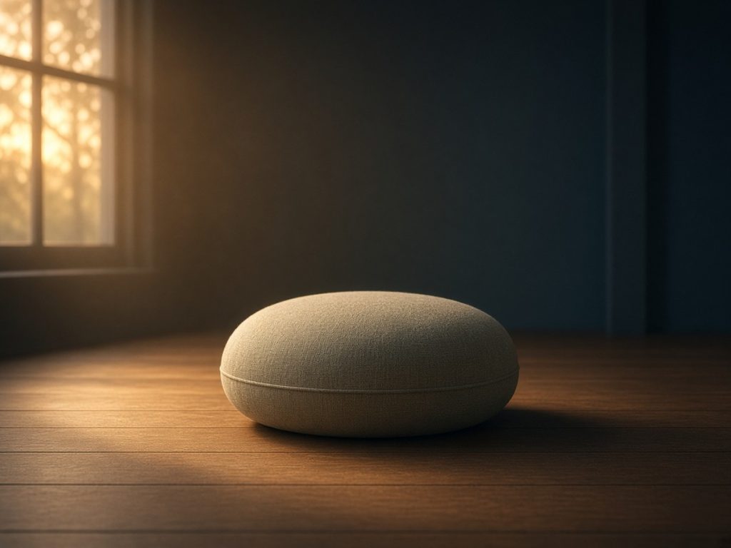 A simple cushion on a wooden floor beside a window at dawn, long warm shadows and deep teal tones
