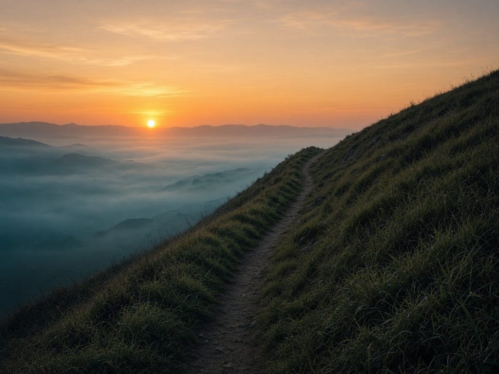 A narrow path climbing a green hillside towards a warm sunrise, teal mist in the valley below