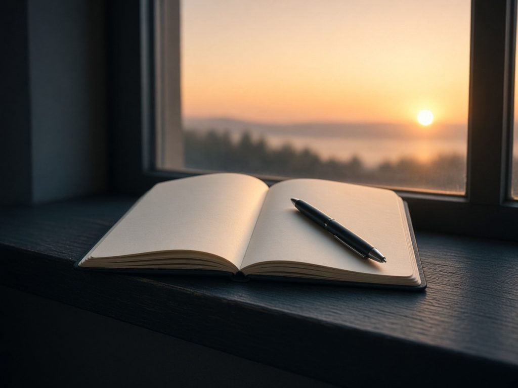 An open notebook and a pen on a windowsill at sunrise, warm gold light and soft teal shadows