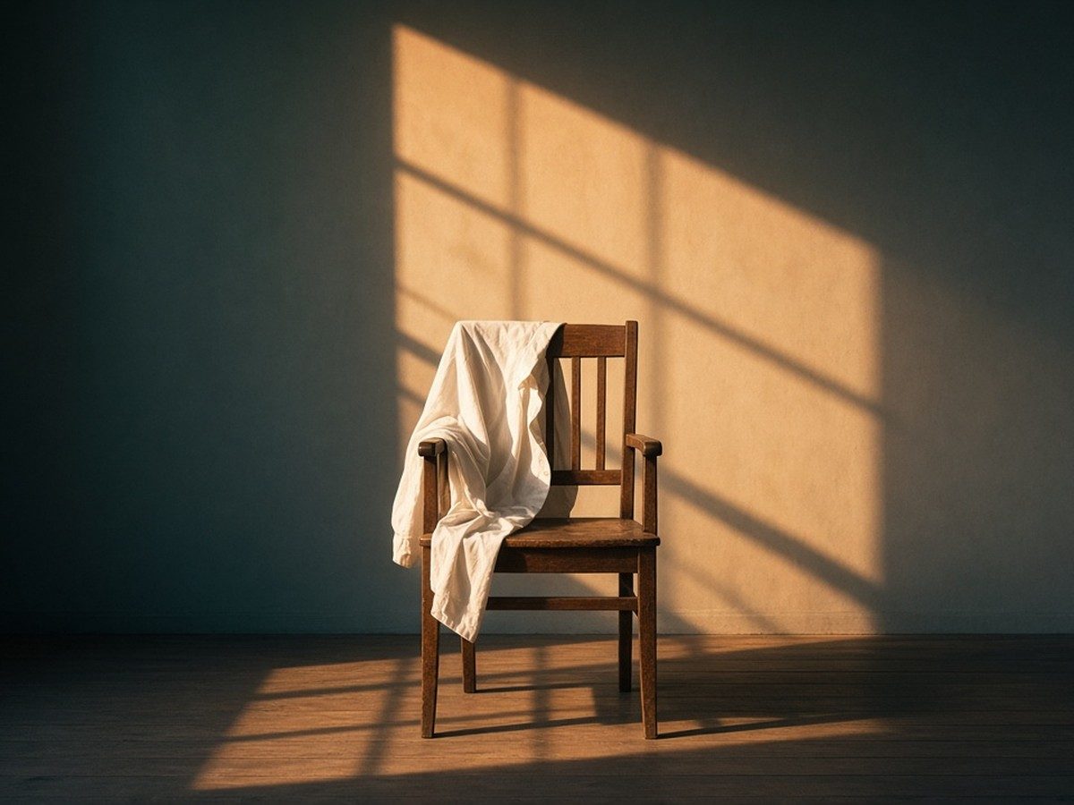 An empty chair with a plain folded grey garment in soft morning light.