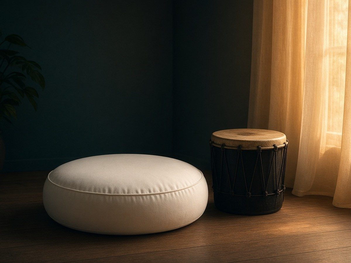 A cream meditation cushion by a morning window with a small drum nearby.