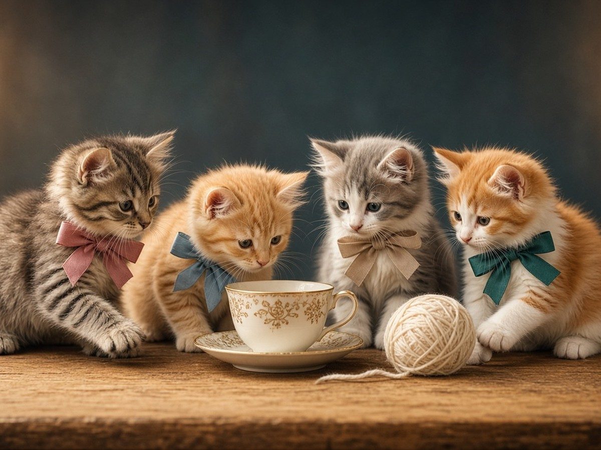 Earnest cartoon kittens posed among gentle odd objects like a surreal school photo.