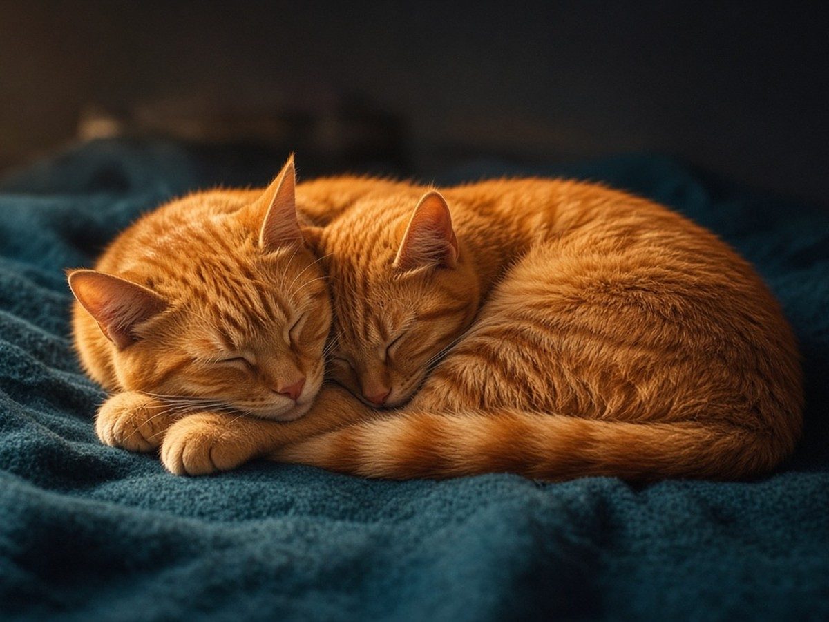 Two illustrated cats resting on a soft cream and terracotta blanket.
