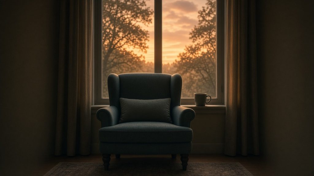 An empty grey wingback armchair with a cushion before a window at dusk, trees silhouetted against an orange sky and a mug on the sill