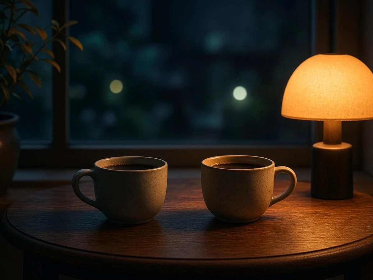 Two coffee cups on a kitchen table at night, one full and one empty, warm lamp light.
