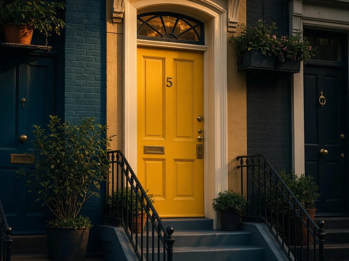A row of terraced house doors with a bright brass number five on one, a suitcase waiting outside.