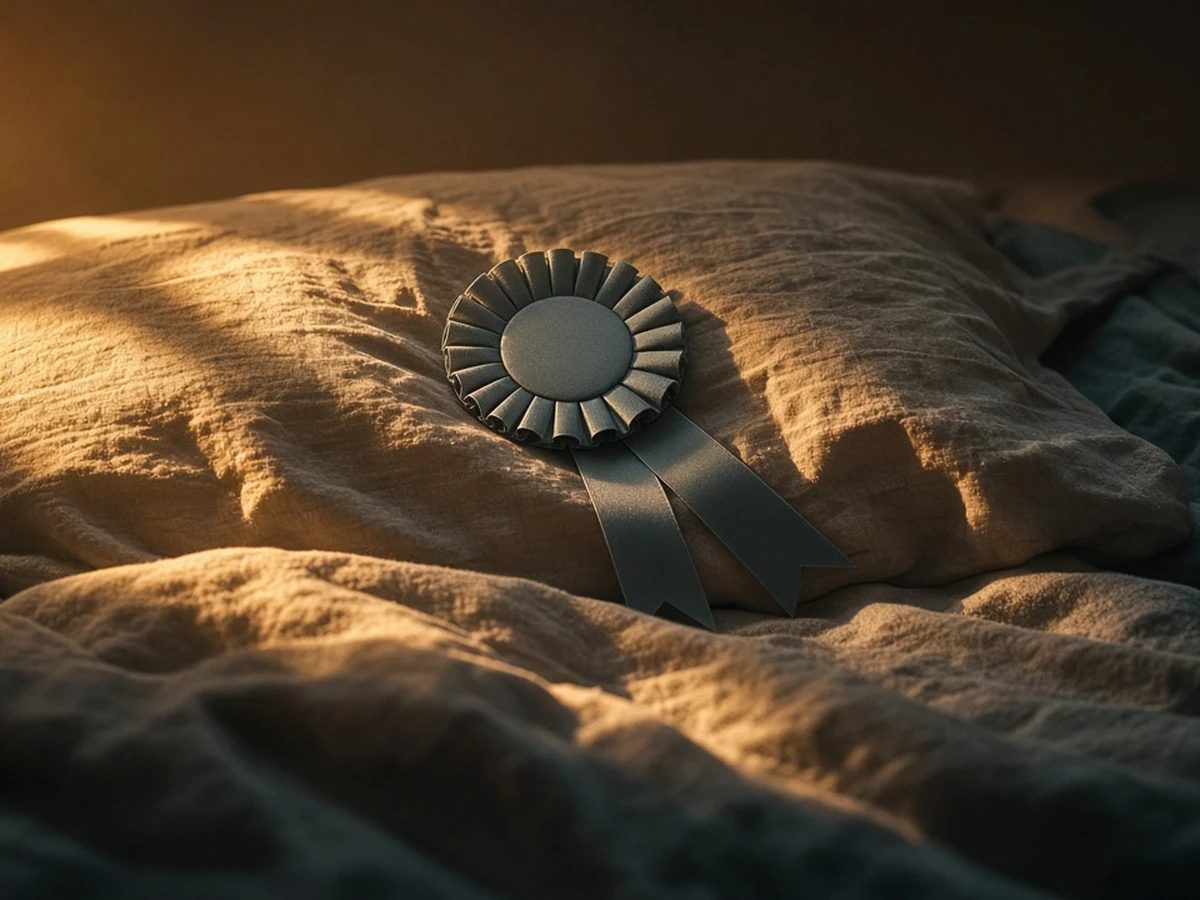A rumpled bed in soft morning light, two pillows, one with a gold prize ribbon draped over it.