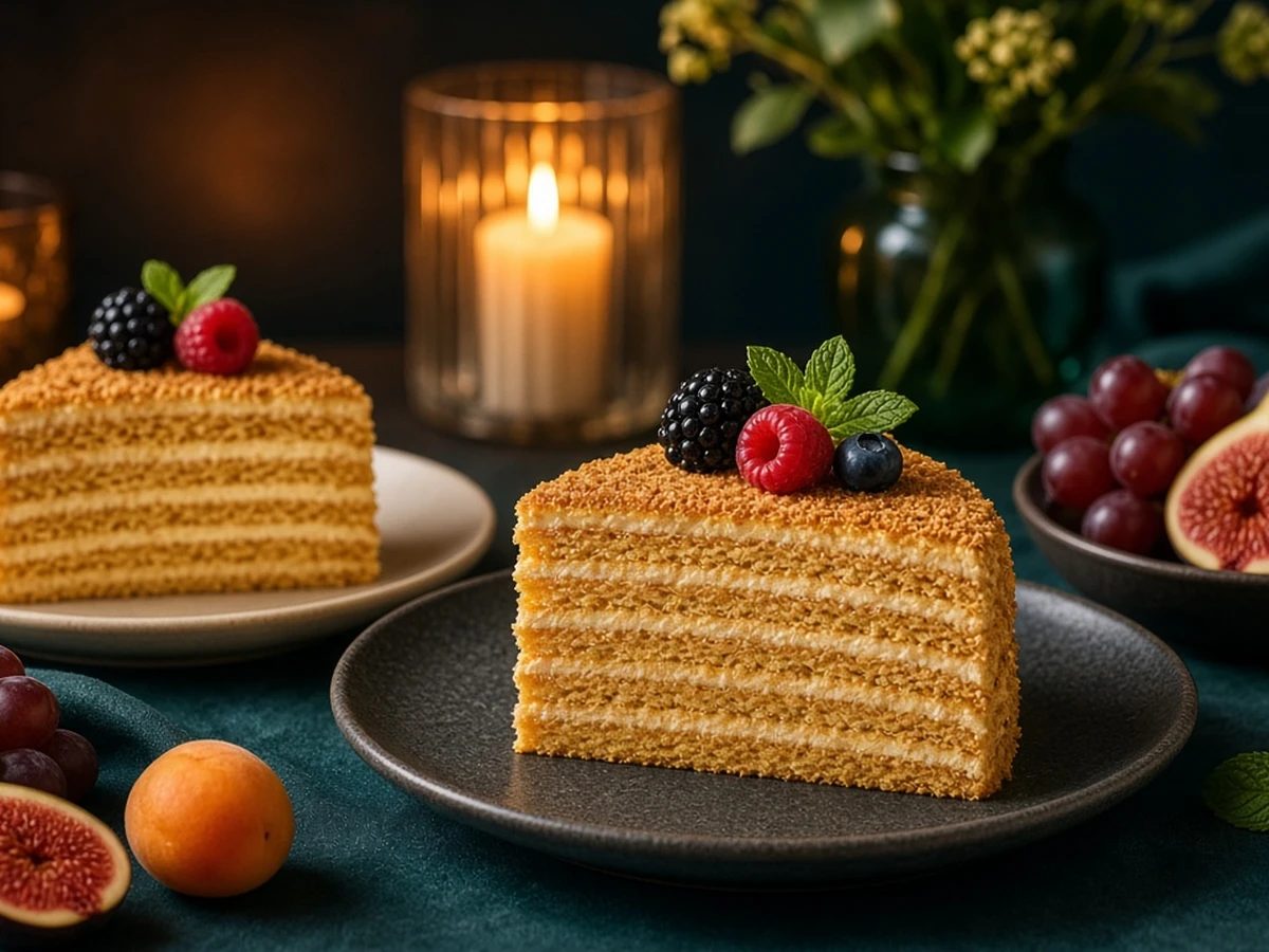 A large honey cake on a table with many slices already cut and plenty left, soft honey-gold light.
