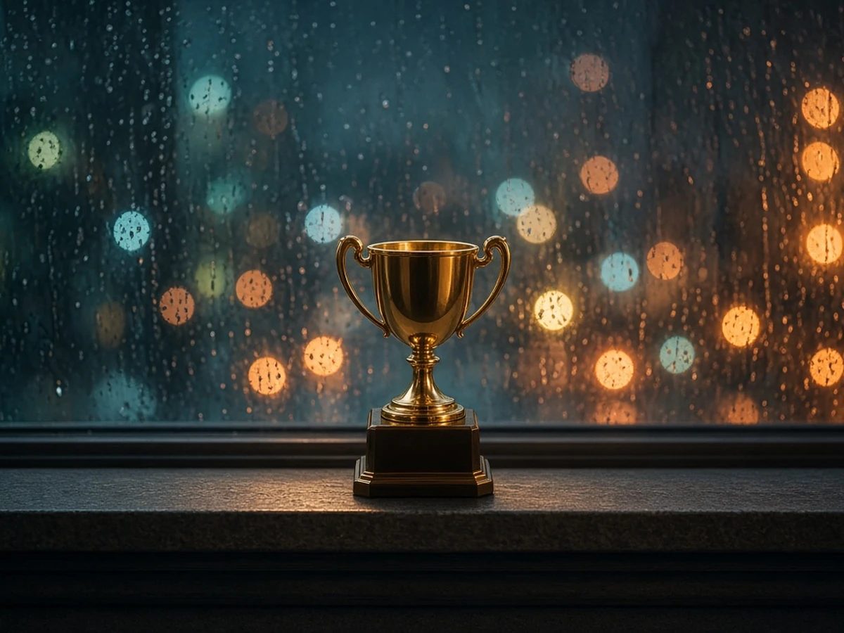 Party lights blurred through a rain-streaked window, a single trophy cup on the sill.