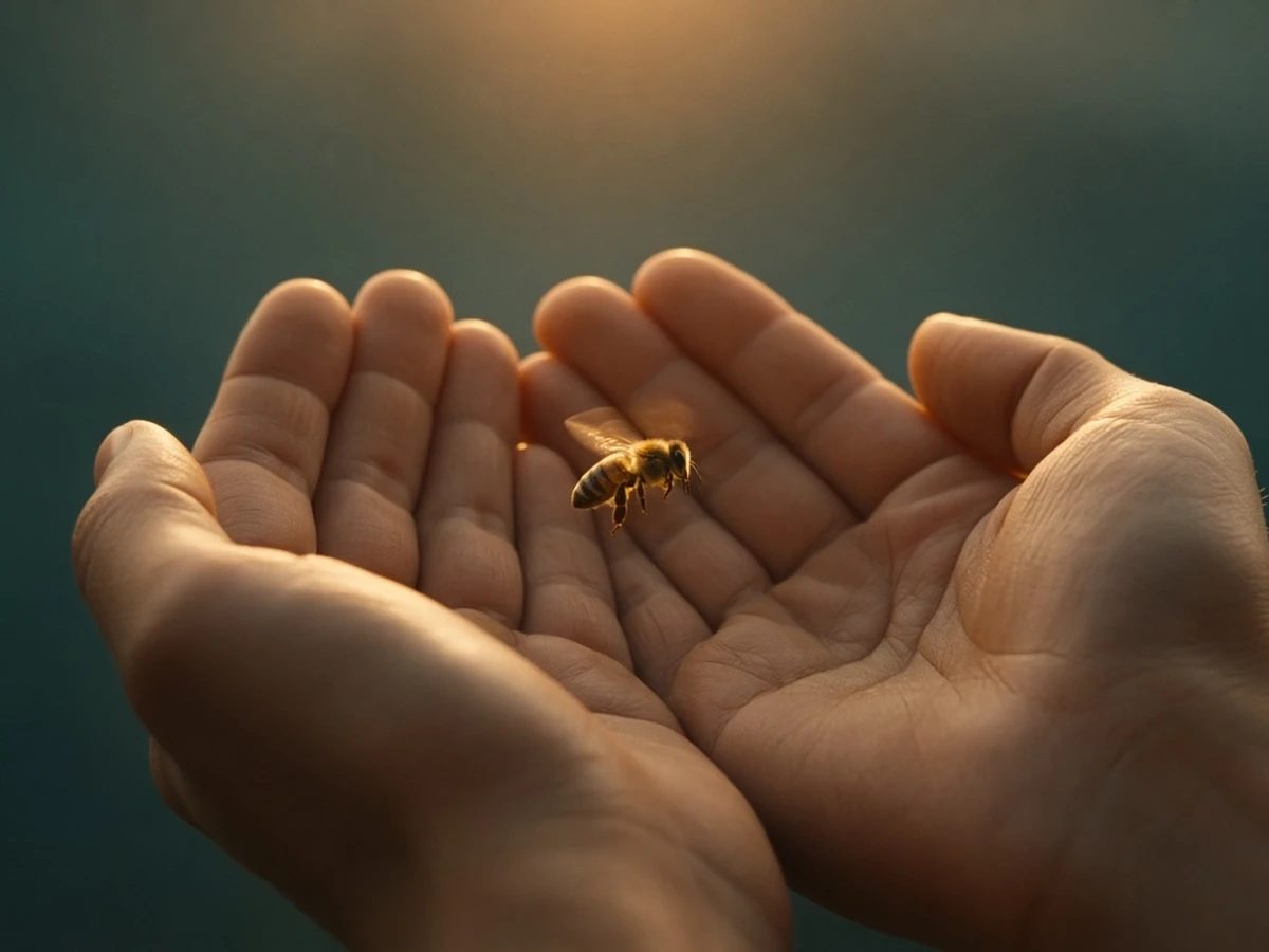 Two open hands held palm-up in morning light, a bee resting on one fingertip.