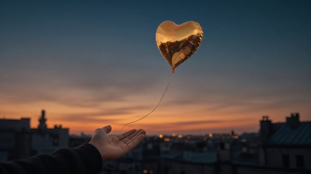 An open hand reaching toward a gold heart-shaped foil balloon drifting away over city rooftops at dusk