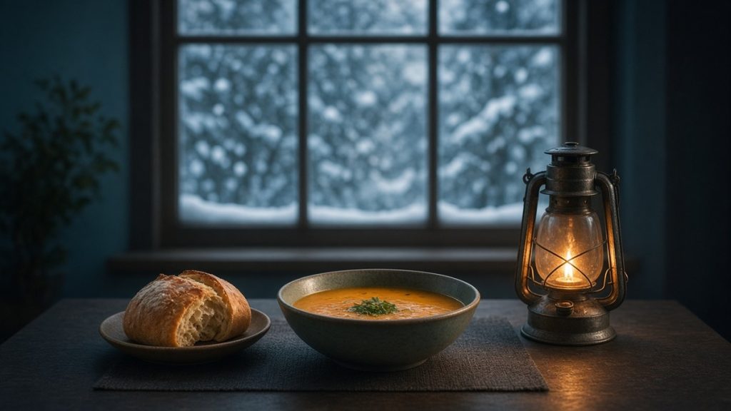 A bowl of orange soup with herbs, a crusty bread roll and a glowing oil lantern on a table before a snowy window at night