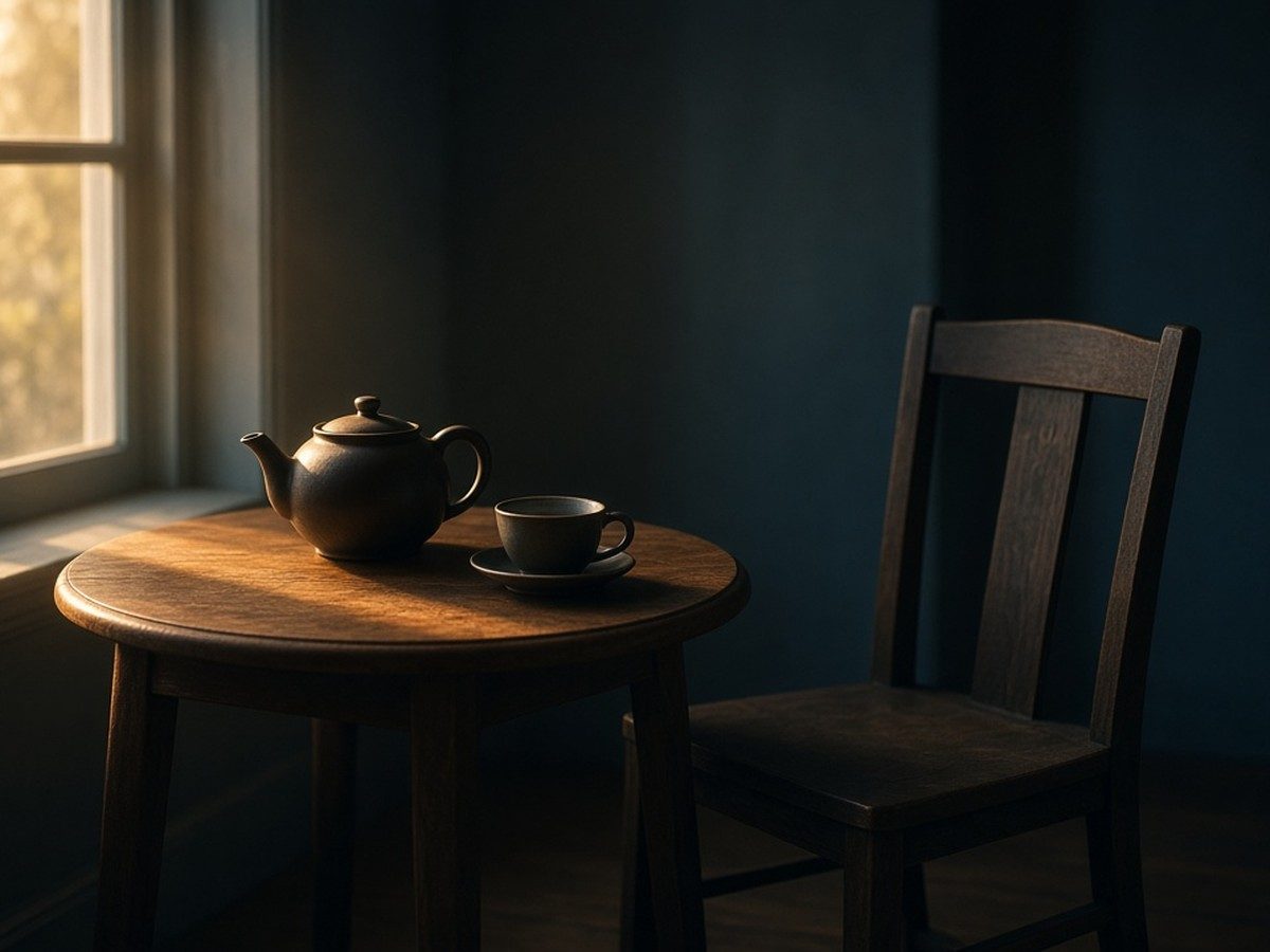 A simple wooden table with a teapot, two cups and an empty chair in morning light.