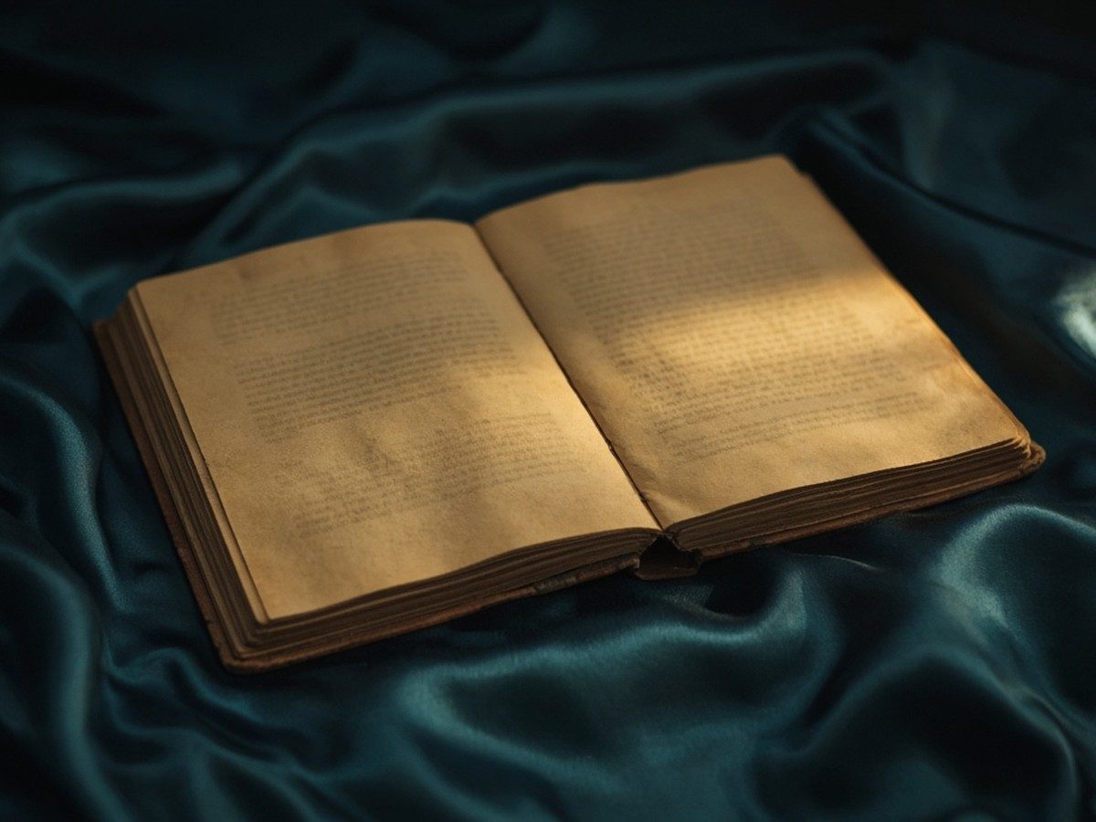 Three open books side by side on a deep blue cloth — cream, terracotta and honey pages catching light.