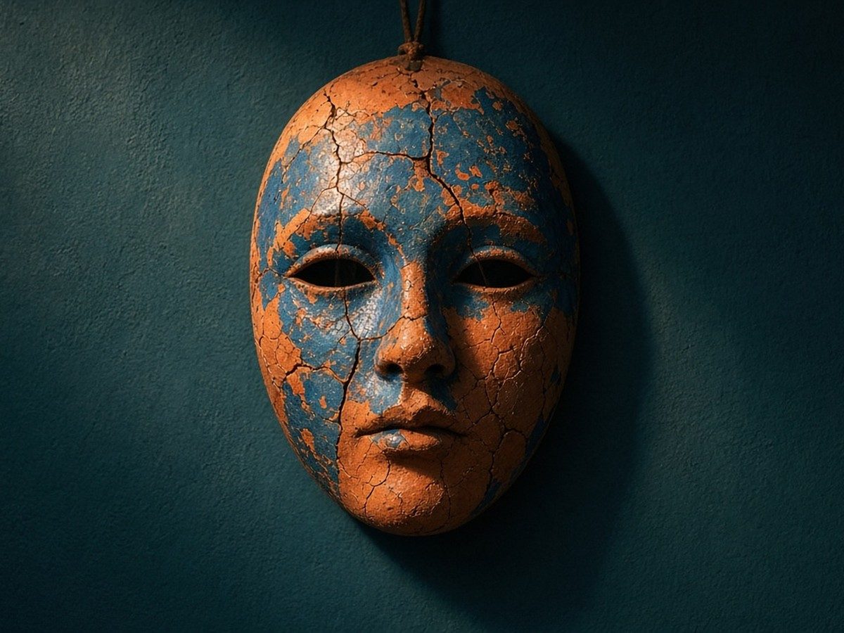 A cracked terracotta mask on a honey-gold wall, soft shadow, no faces of real people.