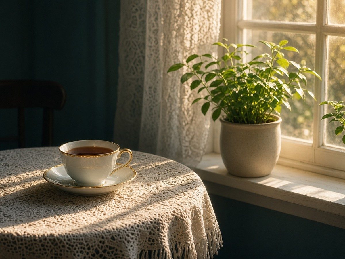 Illustration of an empty chair at a calm café table with a cup of tea, soft morning light, no people.