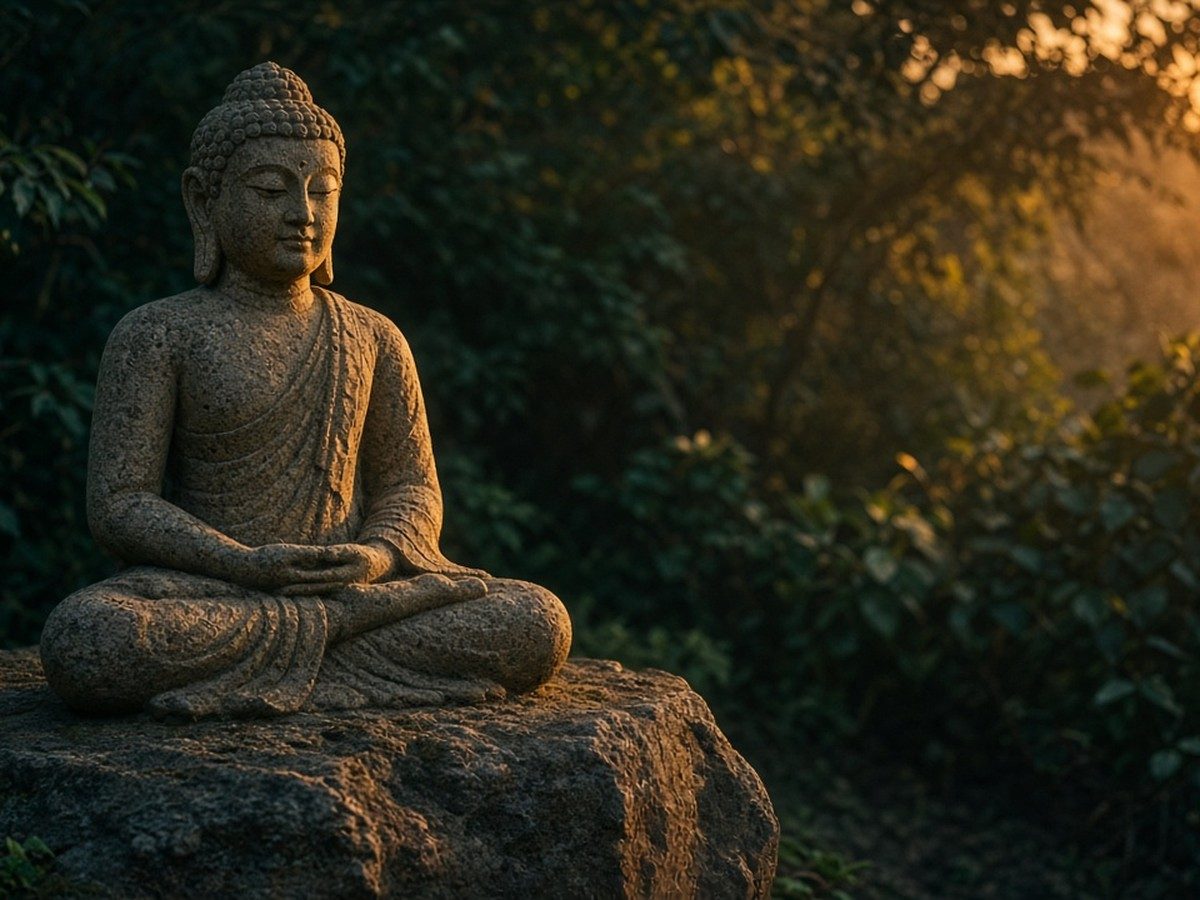 Gold statue of a seated Buddha in Chinese style with a small gold left-facing 卍 on his chest, in a blue temple garden.
