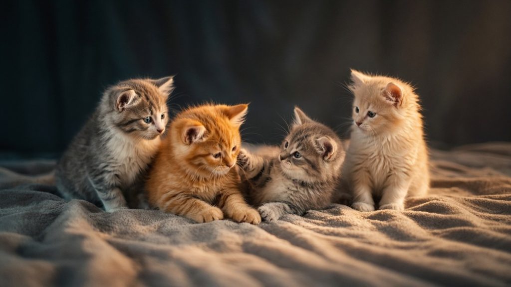 Four fluffy kittens, two grey tabbies, a ginger and a cream, playing together on a soft grey blanket in warm light
