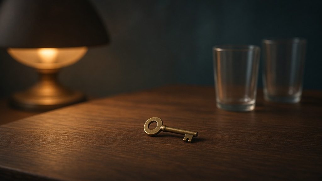 A small brass key lying on a dark wooden table beside a glowing lamp and two empty drinking glasses