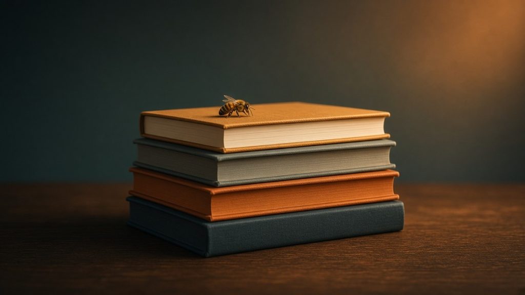 A honeybee resting on top of a stack of four cloth-bound books in ochre, grey, orange and slate on a wooden surface