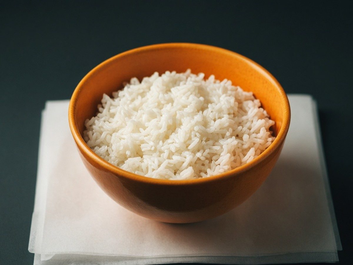 A single bowl of rice offered on a plain cloth, untouched, with soft light falling across it.