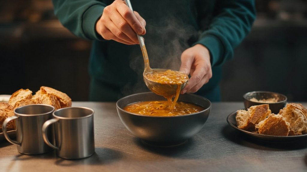 Hands ladling steaming orange stew into a dark bowl, with tin mugs and plates of crusty bread on a counter