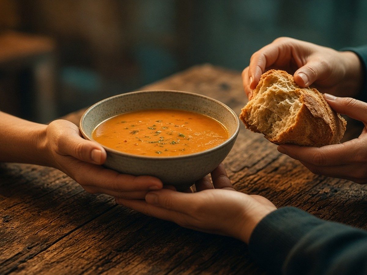 Two pairs of hands passing a bowl of soup and a piece of bread across a wooden table.