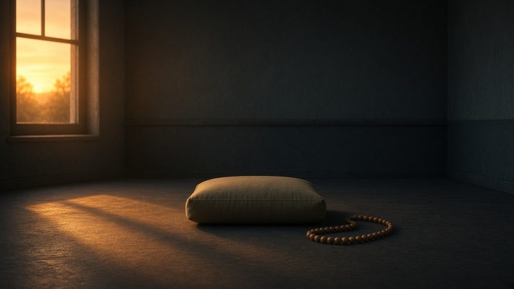 A floor cushion and a string of wooden prayer beads on the floor of a dim empty room, sunset light streaming through a window
