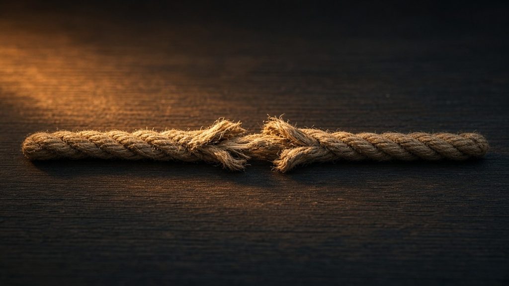 A frayed rope nearly pulled apart in the middle, lying on a dark wooden surface in a beam of warm light