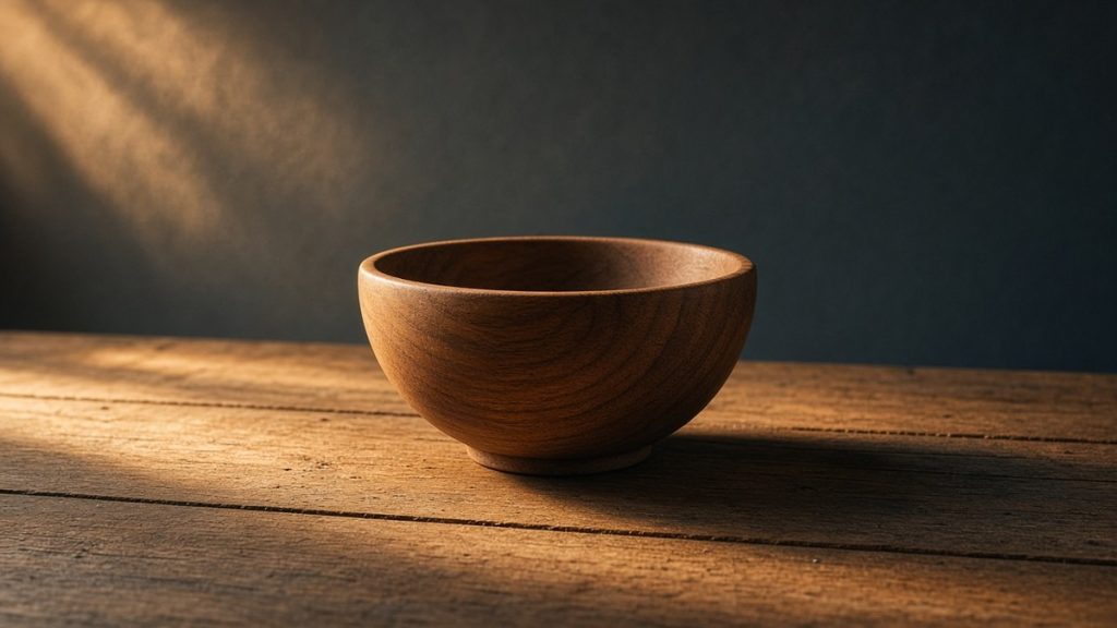 An empty turned wooden bowl on a weathered wooden table, lit by a slanting beam of warm light against a dark wall