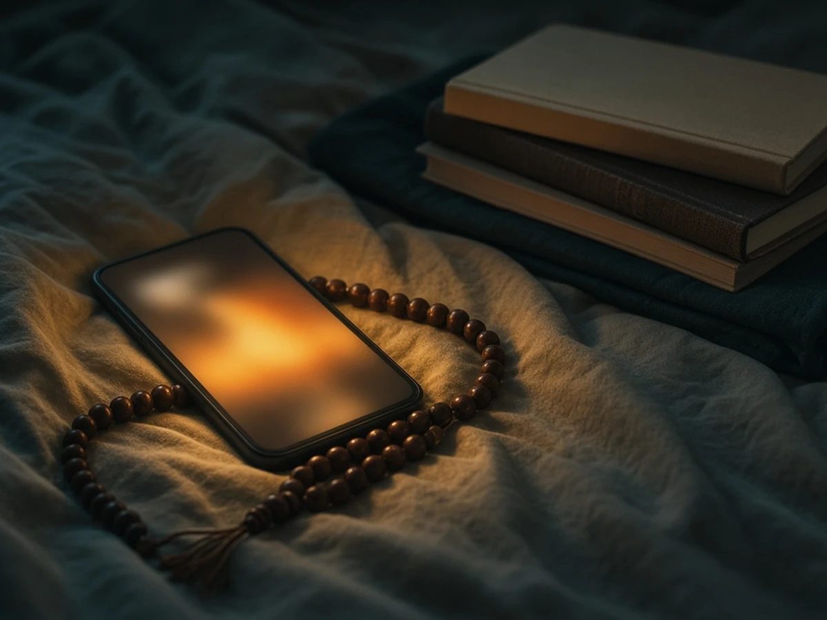 A phone glowing on an unmade bed beside a small pile of prayer beads and half-read books.