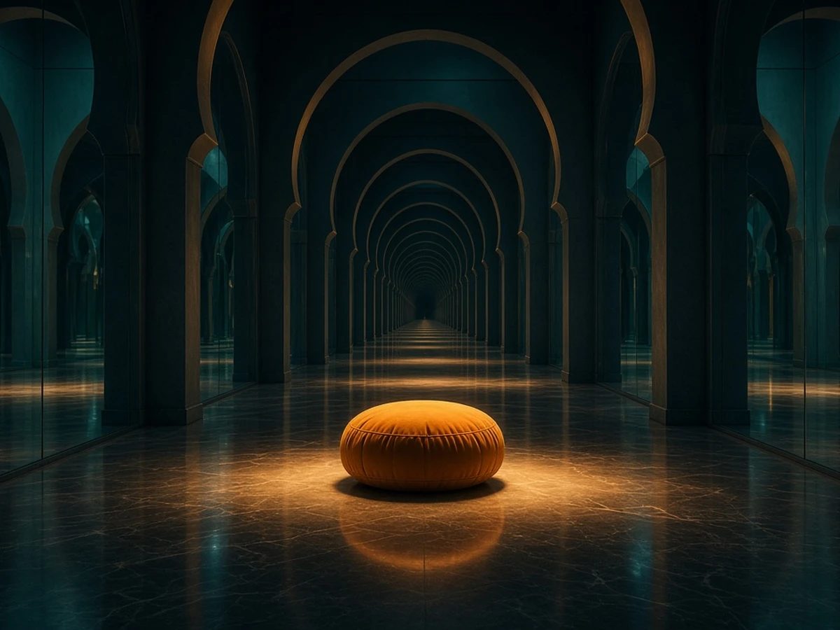 A small room lined with mirrors, one cushion in the middle, the reflections stretching away forever.
