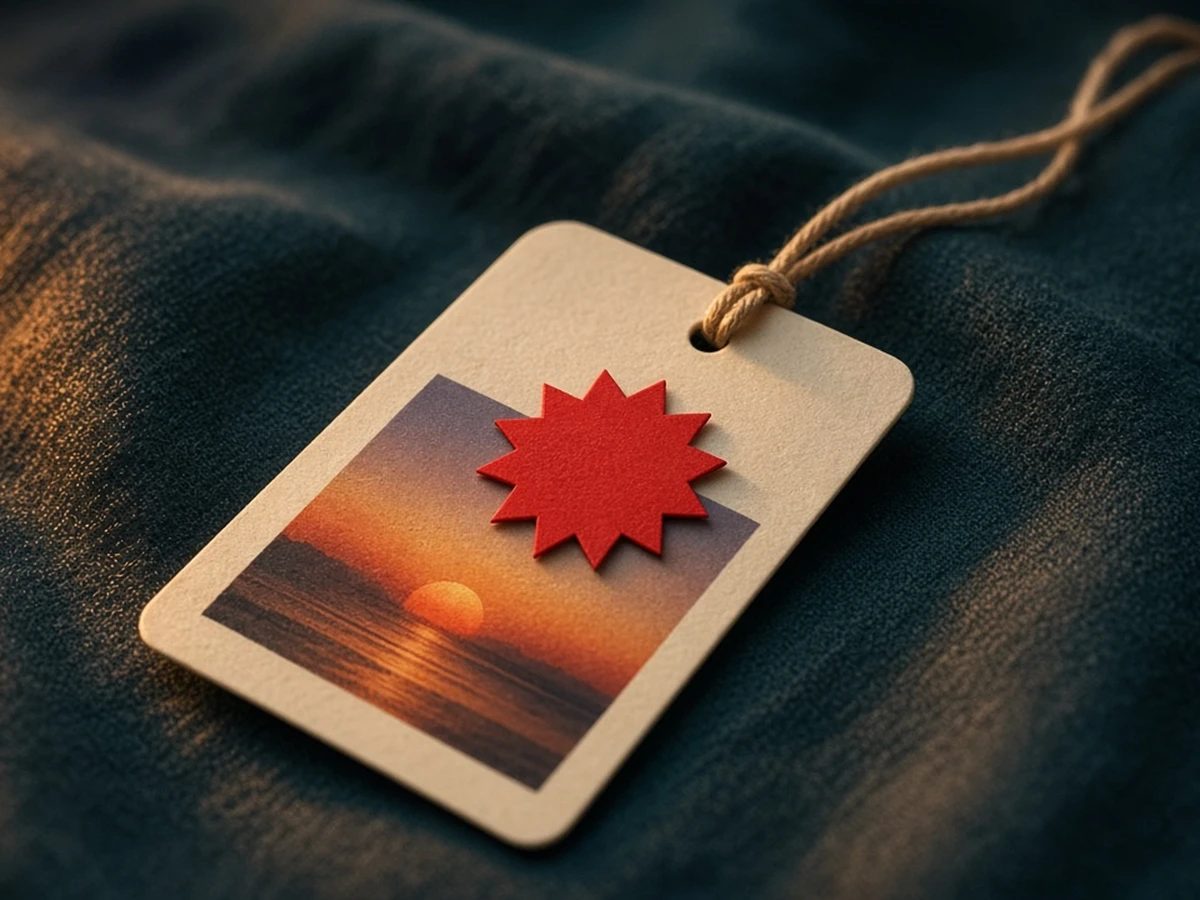 A glowing sunrise printed on a price tag, with a bright red discount sticker slapped across it.
