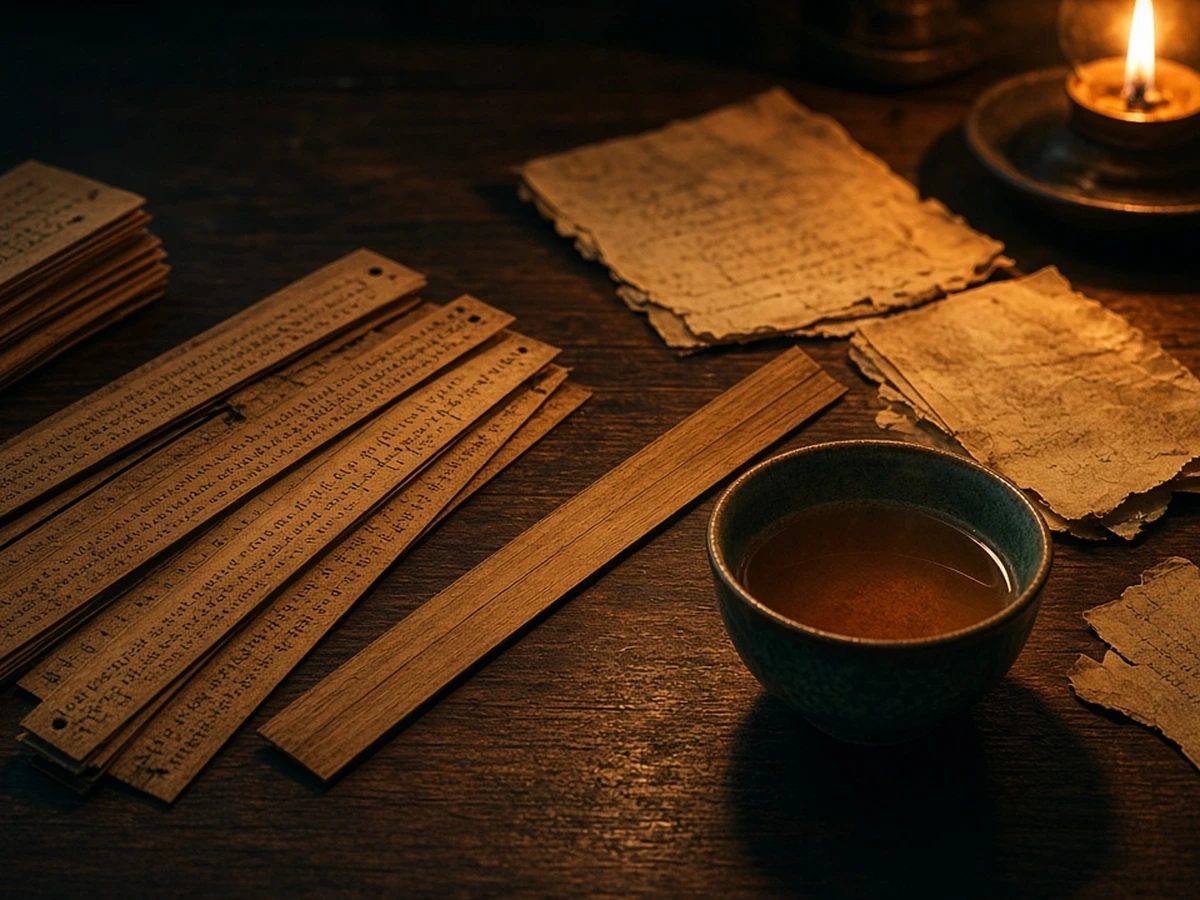 An old palm-leaf manuscript open on a wooden table in morning light, a cup of tea beside it.