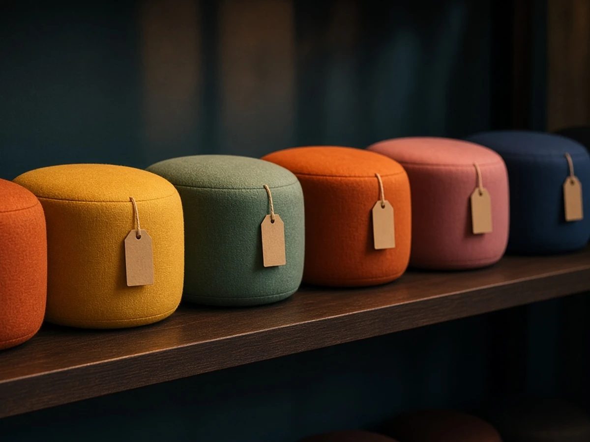 A row of colourful meditation cushions, each with a small blank tag hanging off it.
