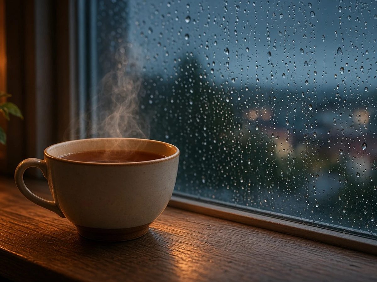 A single cup of tea steaming on a windowsill, rain on the glass, nothing else happening.