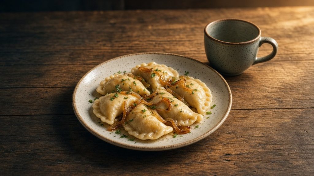 A plate of pierogi topped with caramelised onions and chopped herbs beside a speckled ceramic cup on a rustic wooden table