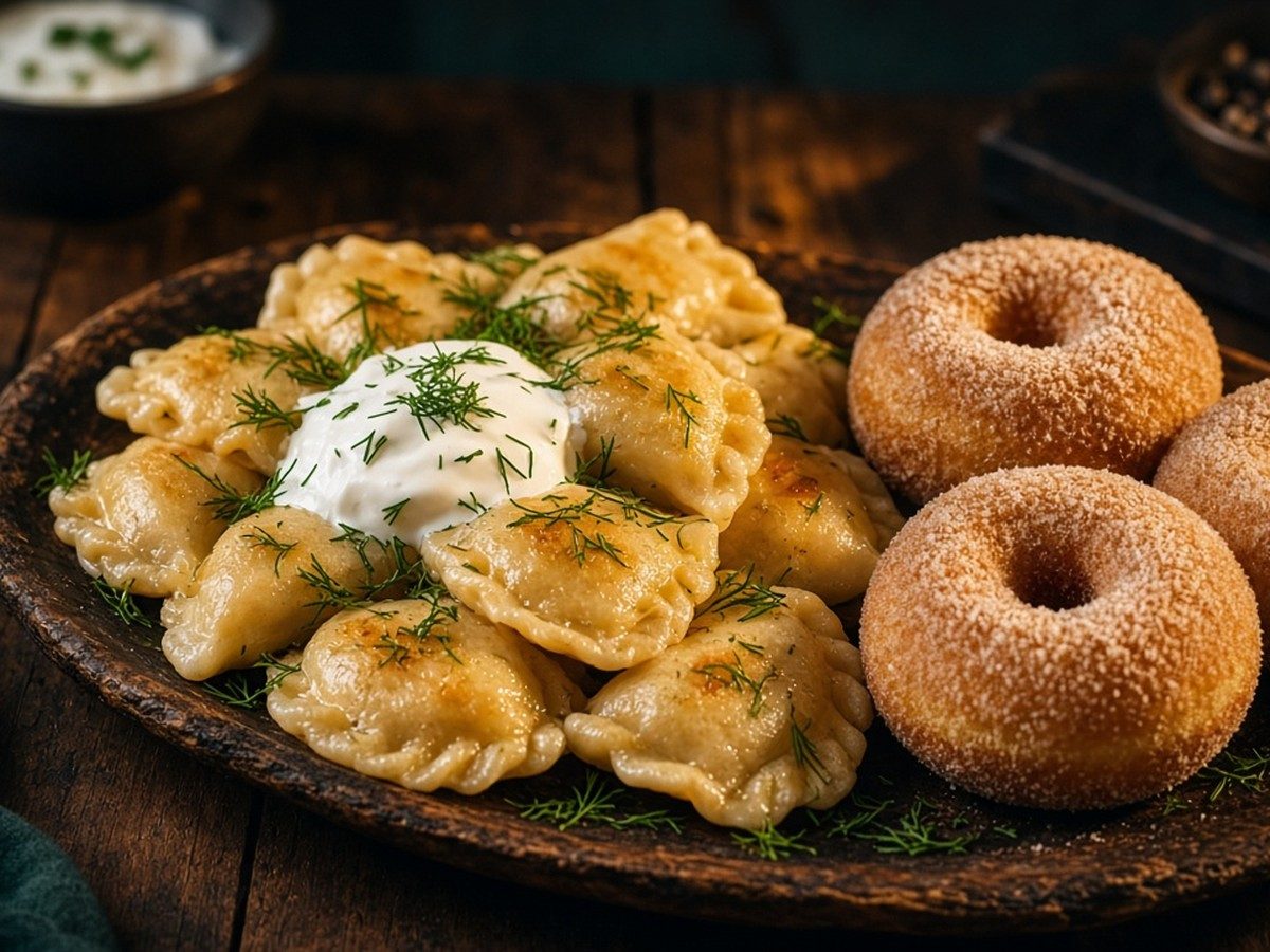 Illustration of pierogi, potato pancakes and doughnuts arranged on a rustic wooden board.
