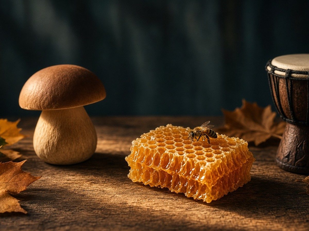 Illustration of a smooth mushroom, a bee, a drum and a distant hive in a soft dreamy collage.