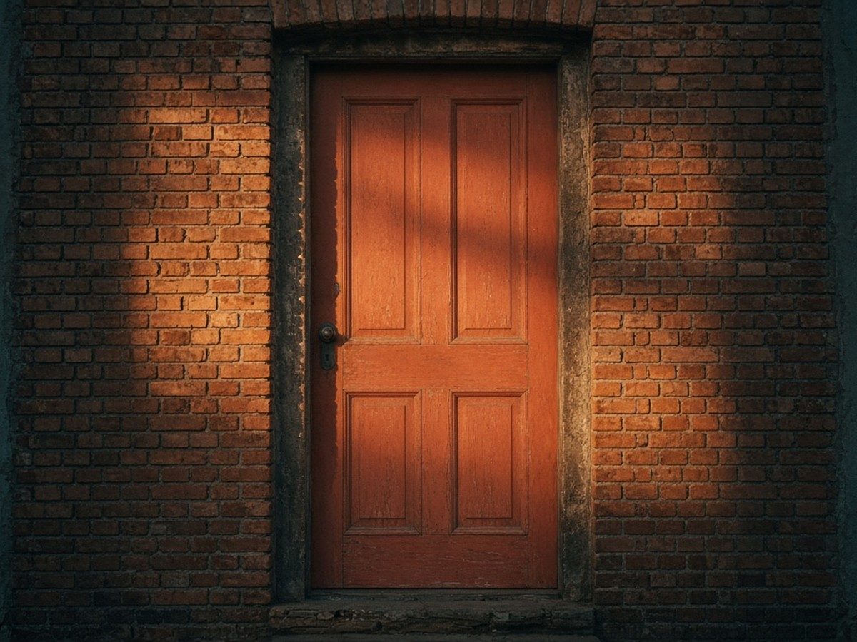 Illustration of a closed wooden door with a thin line of morning light shining underneath.